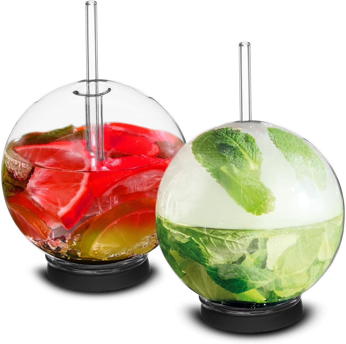 Cocktail Smoker Accessory - Smoke Infuser Cocktail Ball - 2 pcs, Cocktail Ball Glass with Glass Straw for Drink Smoker, 12 Oz (350 ml), Black