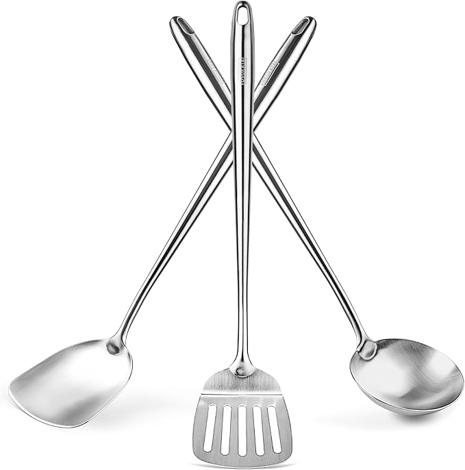 Yosukata 17" Wok Spatula and Ladle and Turner Spatula - Stainless Steel Cooking Utensils Set of 3-304 Stainless Steel Kitchen Utensils Set - Dishwasher Safe Wok Accessories - Cooking Tools