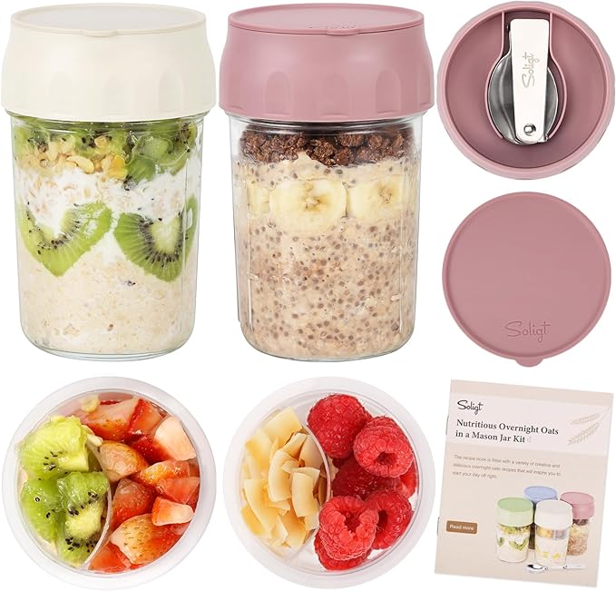 SOLIGT 2 Pack Overnight Oats Containers with Lids, Folding Spoons and Divided Compartments for Fruit & Nuts, Small Glass 16oz Mason Jars for Oatmeal Yogurt Parfait (2 Set-Oat White/Rose Pink)