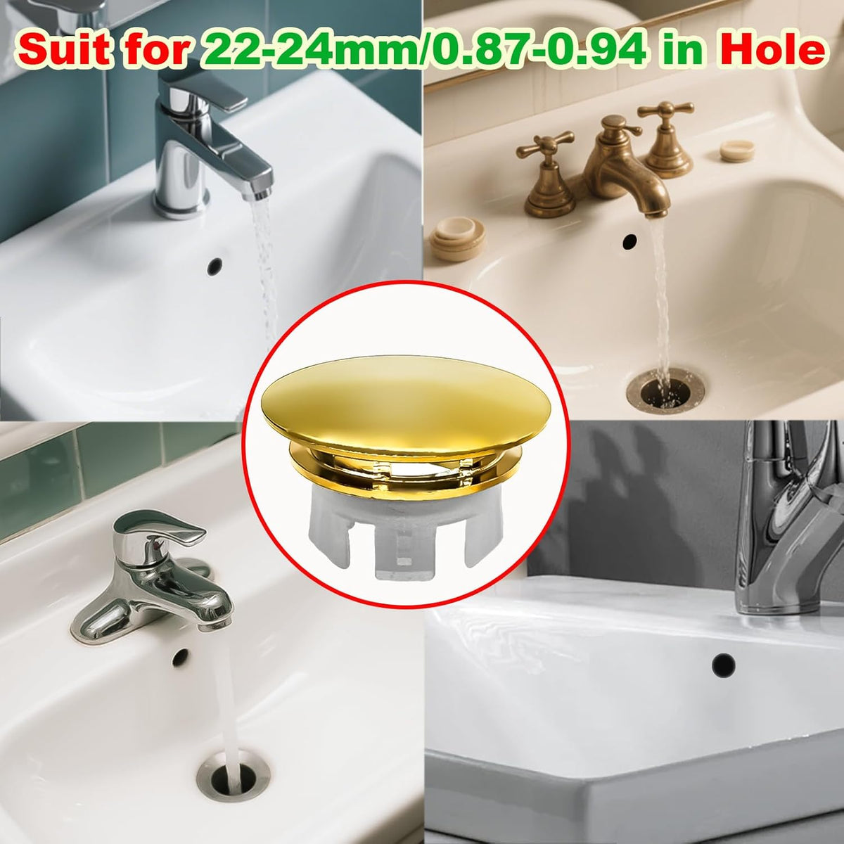 2 Pack Sink Basin Overflow Trim Ring,Solid Brass Bathroom Sink Trim Overfollow Cover,Sink Trim Overflow Cover Insert in Hole Round Caps or Kitchen Bathroom(Bright Gold)