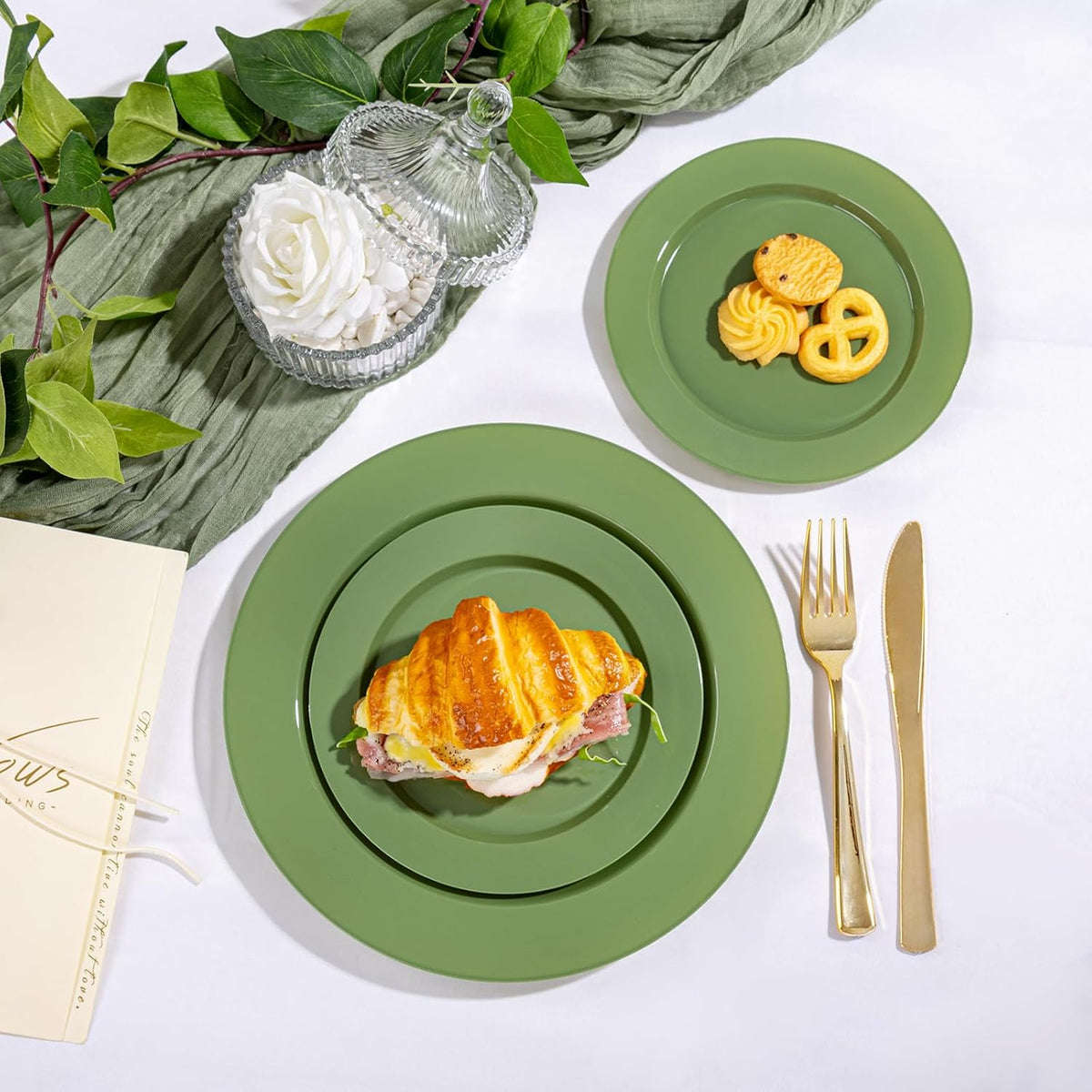 I00000 102 Pcs Green Plastic Plates, Green Disposable Plates Include 51 Dinner Plate 10’’ and 51 Dessert Plate 7’’ Perfect for Birthday, Party & Wedding