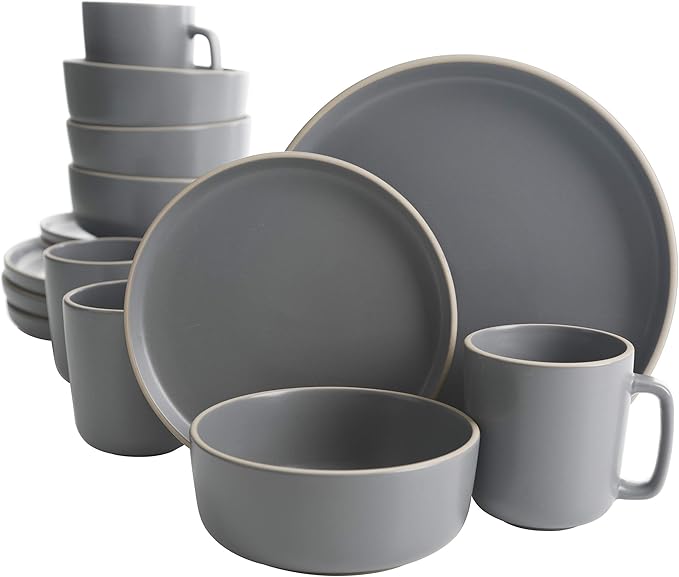 Gibson Home Zuma 16 Piece Round Kitchen Dinnerware Set, Dishes, Plates, Bowls, Mugs, Service for 4, Matte Stoneware, Grey, Gray
