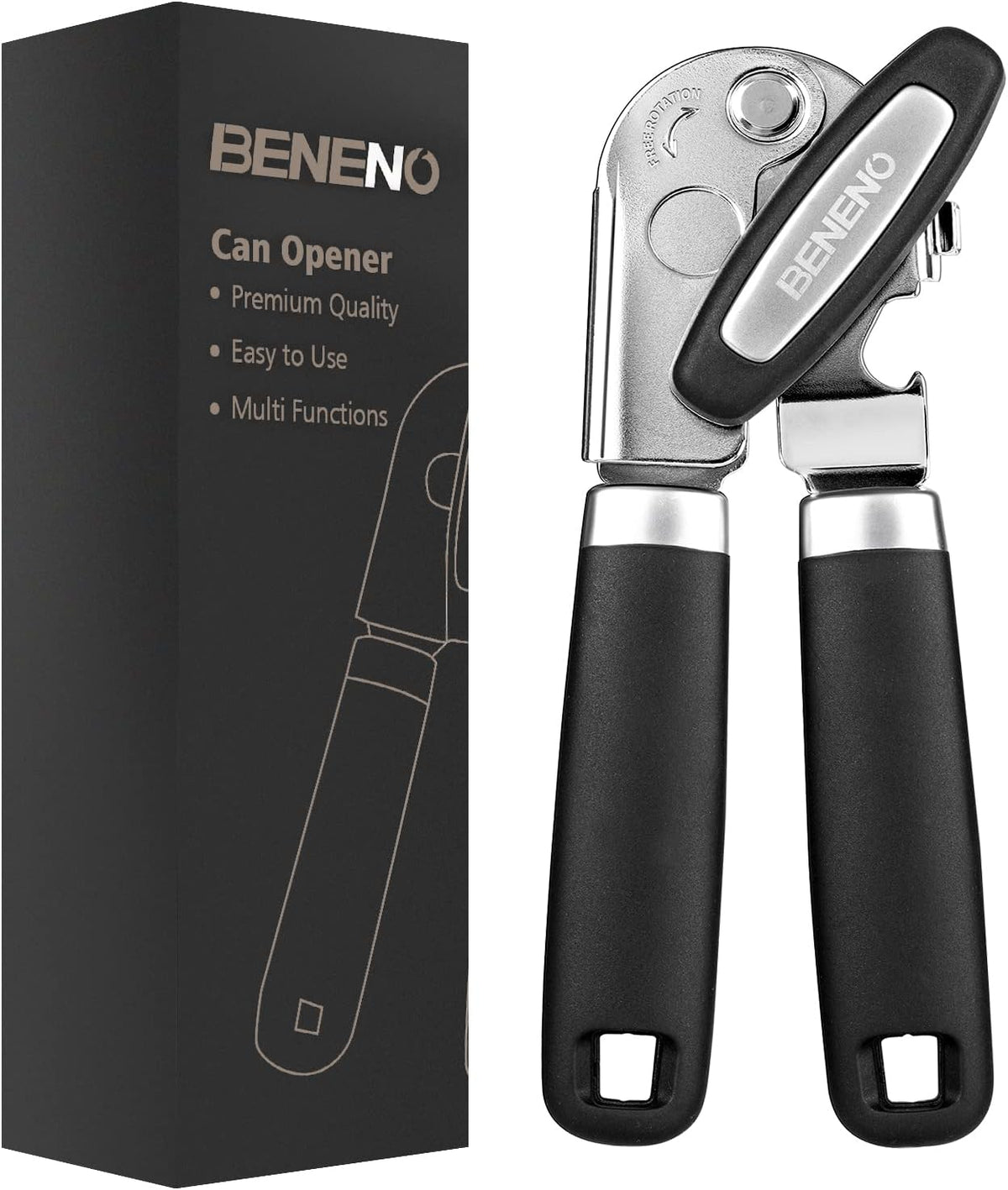 Beneno Can Opener Manual with Magnet, Hand Held Heavy Duty Can Opener with Durable Sharp Blade Smooth Edge, Big Effort-Saving Knob, Soft Grip Rubber Handle, Multifunctional Bottle Opener, Black