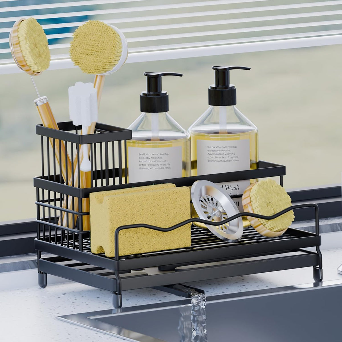 Large Sponge Holder for Kitchen, Kitchen Sink Caddy with High Brush Holder & Quick Drain Tray, 360° Swivel Spout, Stainless SteelSoap Dispenser Countertop Organizer for Sponges, Brushes & Soap