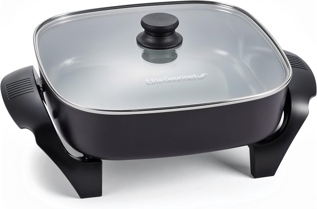 Elite Gourmet 12" x 12" x 3” Ceralast™ Ceramic Non-stick PFAS Free, Dishwasher Safe Electric Skillet, Xtra Deep Dish, Rapid Heat 1200W, Black
