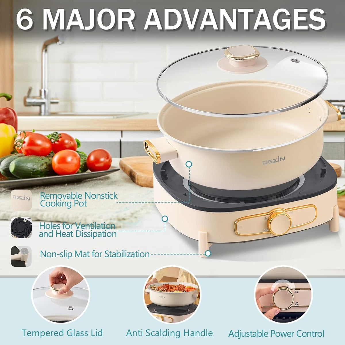 Dezin Electric Shabu Shabu Pot with Removable Pot, 4L Electric Non-Stick Pot with Multi-Power Control, 3.7" Depth Electric Cooker with Tempered Glass Lid for Party, Family and Friend Gathering