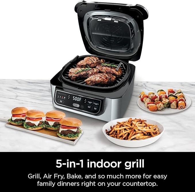 Ninja | Indoor Grill | Foodi | 5-in-1 (Grill, Air Fry, Roast, Bake, and Dehydrate | Fits up to 3lb Roast | Smoke Control System and Dishwasher Safe Parts| Black/Grey | AG301