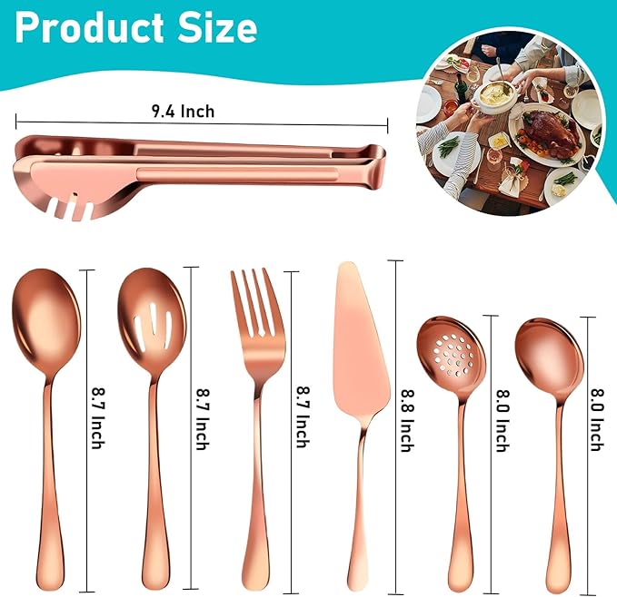 Serving Utensils, 15 Pcs Stainless Steel Large Flatware Serving Tools Kit, Included Spoons, Forks, Tongs, Slotted Spoon, Ladle, Cake Server for Catering Banquet Wedding Buffet Party, Rose Gold