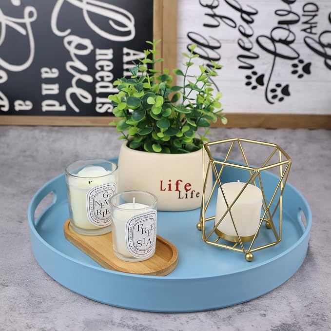 Round Blue Decorative Serving Tray with Handles, 13” Versatile Ottoman Tray for Coffee Table, Entertaining, Outdoor Patio, Living Room