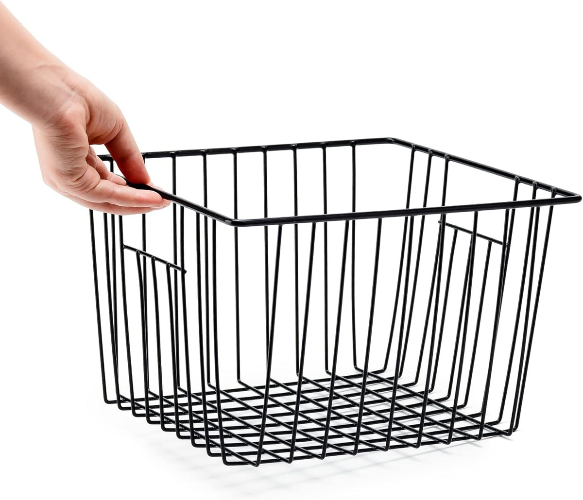 SANNO Freezer Storage Baskets, Pantry Storage Wire Basket Organizer Bins Refrigerator Bin with Built-in Handles for Cabinets, Pantry, Closets, Bedrooms - Set of 4 Black, Black,11"x 10"
