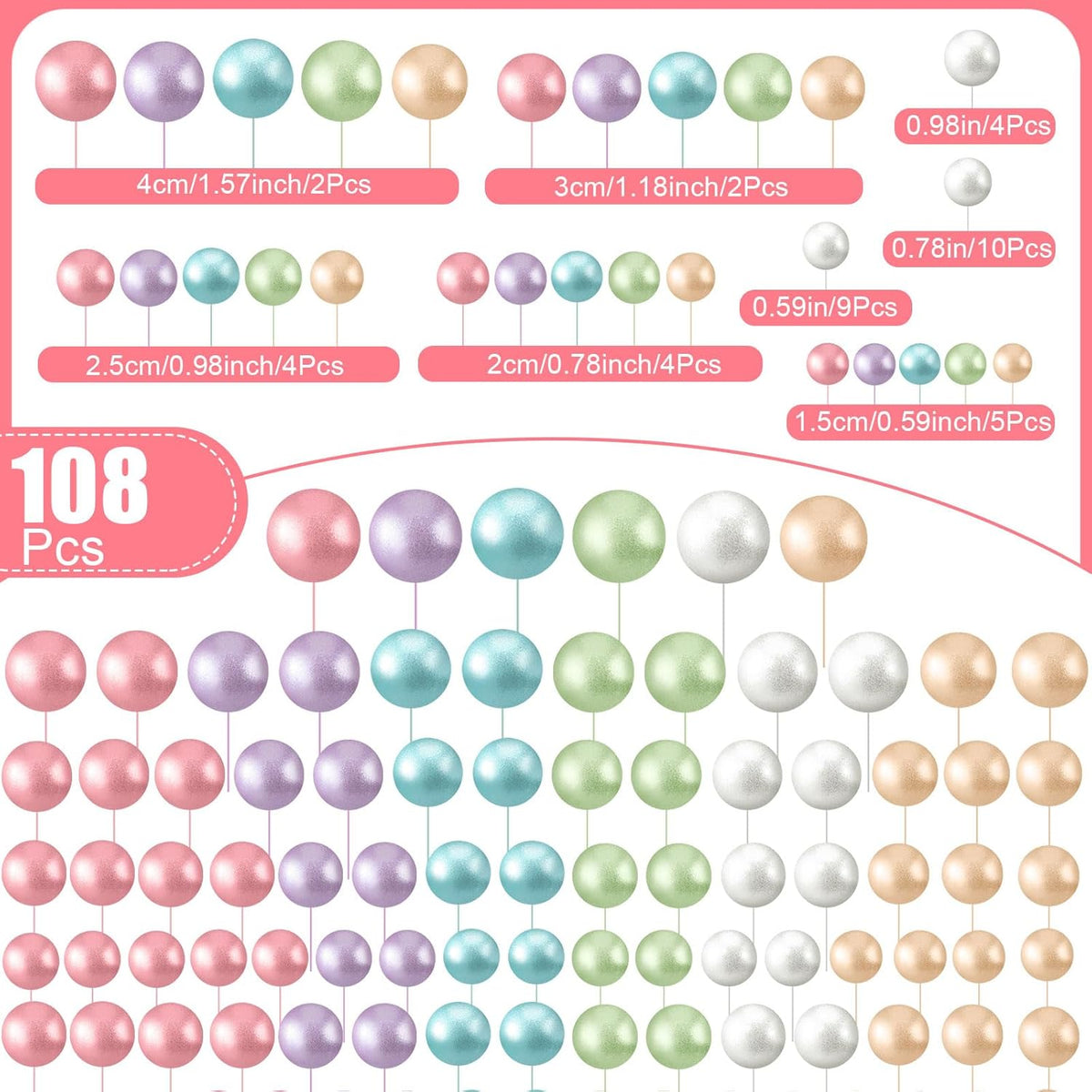 108 Pcs Balls Cake Topper DIY Cupcake Insert Foam Balloons for Cake Baking Wedding Anniversary Birthday Decoration(Gold,Yellow,Green,White,Blue,Purple,Multi Sizes)
