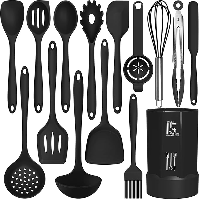 AOTHOD Silicone Cooking Utensils Set - 446°F Heat Resistant Kitchen Utensils,Turner Tongs,Spatula,Spoon,Brush,Whisk,Kitchen Utensil Gadgets Tools Set for Nonstick Cookware,Dishwasher Safe (BPA Free)