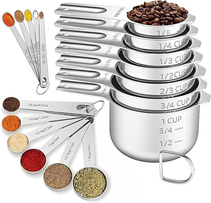 18PCS Measuring Cups and Spoons Set, Include 7 Nesting Measuring Cups, 6 Measuring Spoons and 5 Mini Spoons, Stainless Steel Metal Measuring Set, Kitchen Gadgets for Cooking & Baking