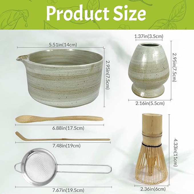 Matcha Whisk Set 6 pc Kit - Traditional Japanese Chasen, Bamboo Whisk Holder, Ceramic Bowl with Spout, Sifter & 2 pc Spoons - matcha kit set, Gift for Matcha Tea Lovers(Gray)