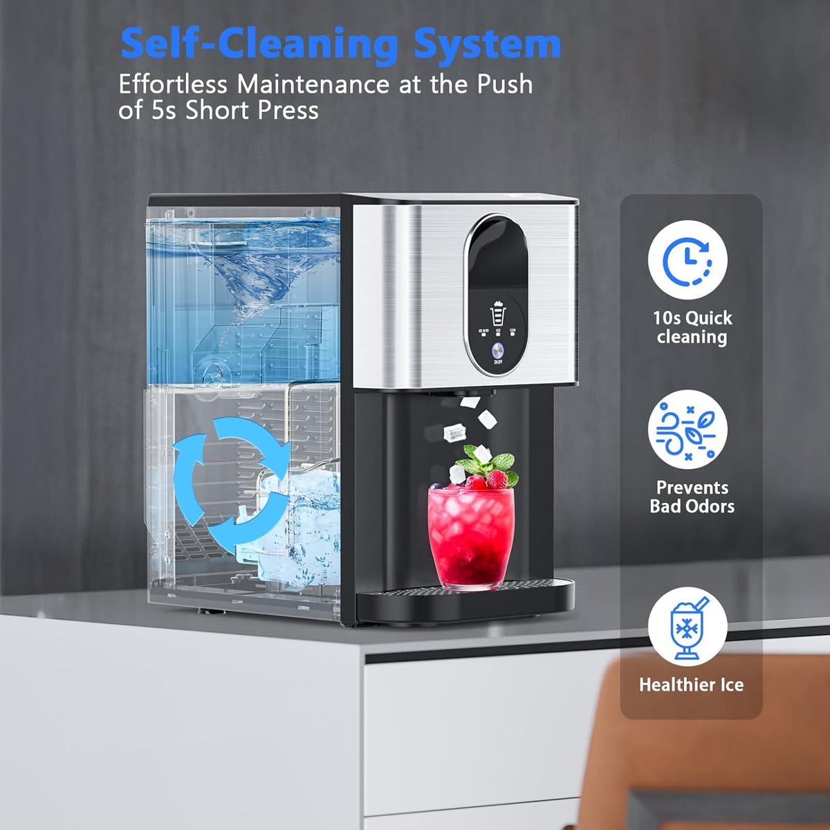 Nugget Ice Makers Countertop, Self-Dispensing Pellet Ice Maker, 44Lbs/24H, Portable Pebble Ice Maker Machine with Self-Cleaning, Soft Chewable Ice Makers for Home Kitchen Office, Silver