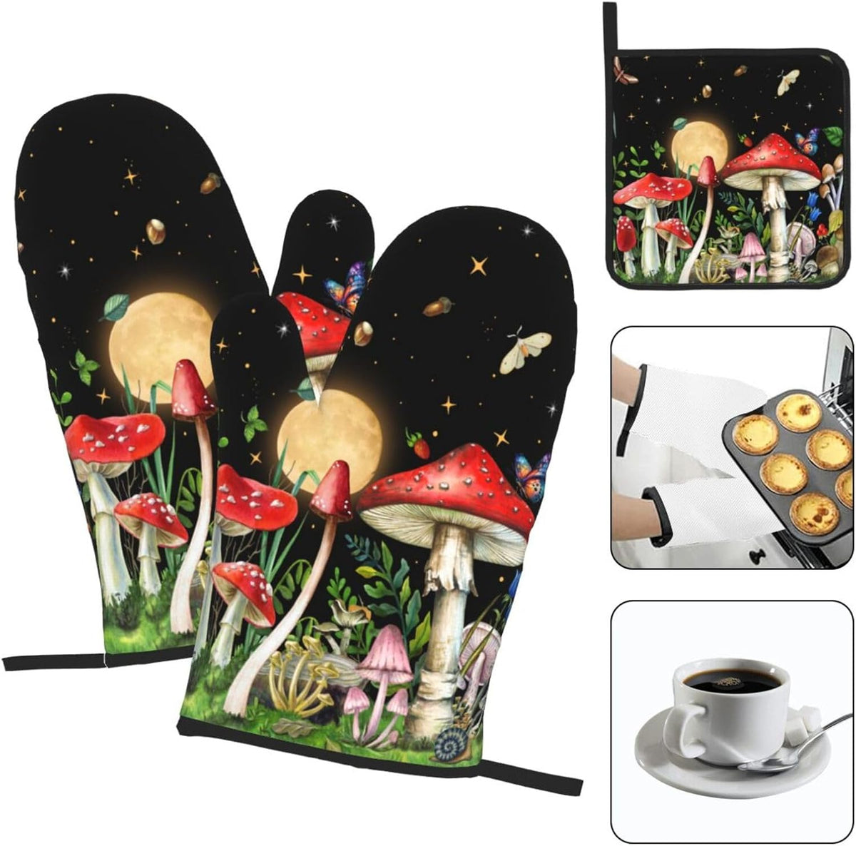 Cute Mushroom Oven Mitts and Pot Holders Sets of 3 Holiday Kitchen Decor Heat Resistant Witchy Hot Pads Oven Gloves for Cooking Grilling Baking