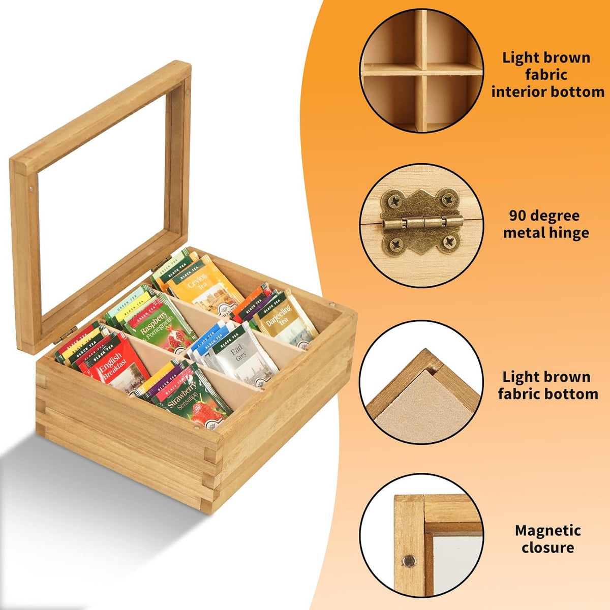 Wood Tea Bag Organizer, 6 Compartment Multi-Functional Tea Box and Storage Organizer for Tea Bags, Tea Container for Tea Lovers