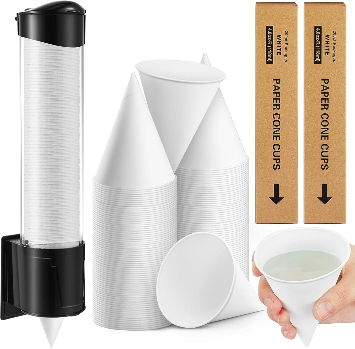 Roshtia 400 Pcs 4 oz Paper Cone Cups Thicken Disposable with 1 Cups Dispenser Pull Type Wall Mount Cup Holder Paper for Restaurants, Home, and Office, and Shaved Ice, Cold (Black)
