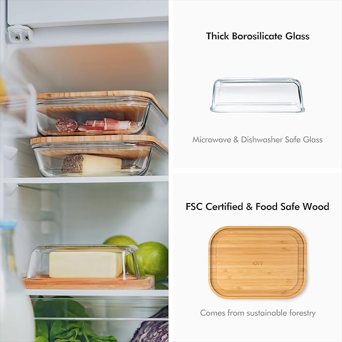 KIVY Large Butter Dish with Lid - Fits 2 Butter Sticks and Wider Sizes (Kerrygold, European Styles, Eastern, Western) - 2 Stick Butter Dish - Glass & Bamboo