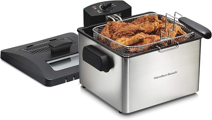 Hamilton Beach 35042 Professional Style Electric Deep Fryer, Frying Basket with Hooks, 1800 Watts, 5 Liter, Stainless Steel