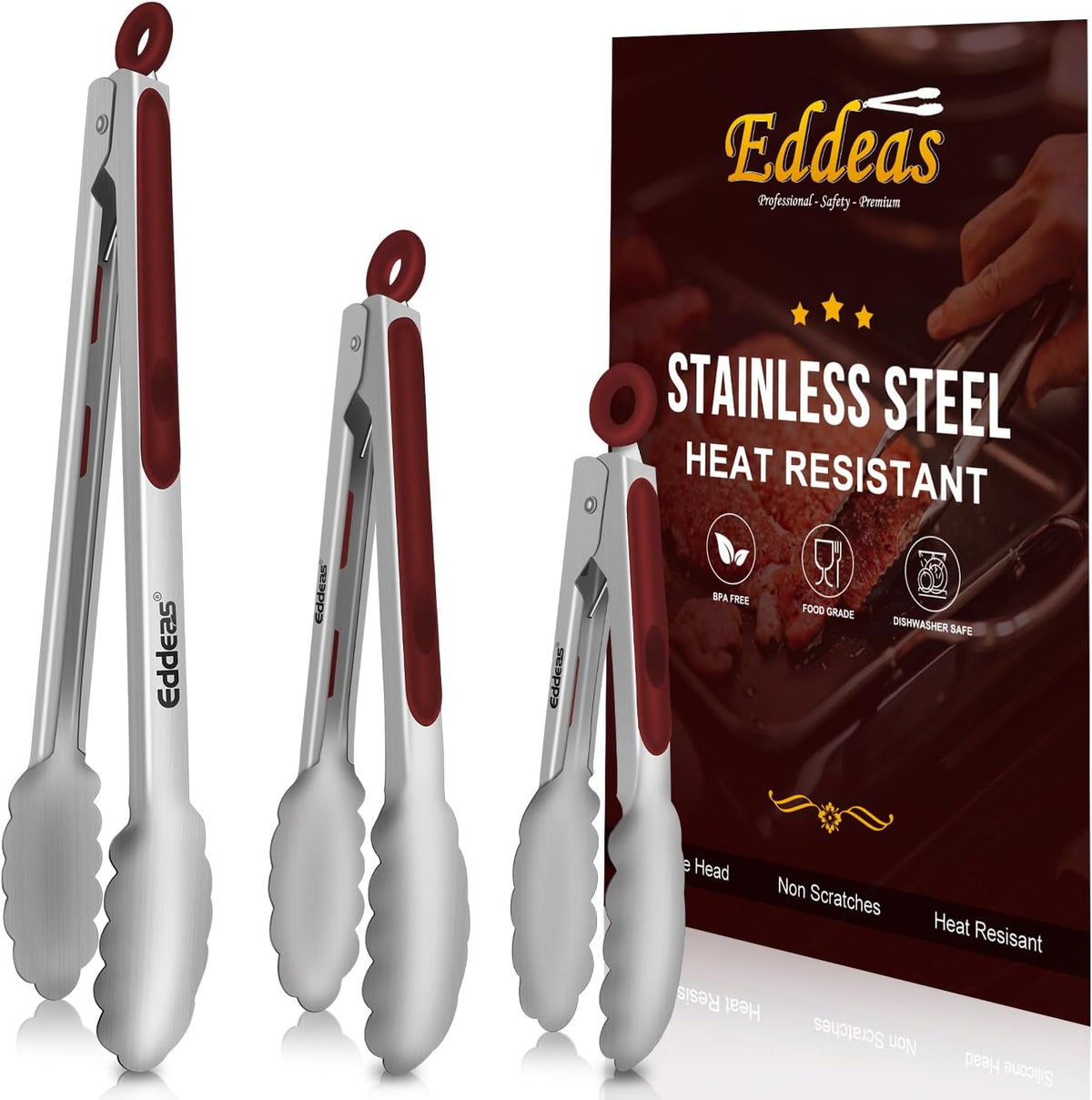 Tongs For Cooking - 7",9" and 12 inch Kitchen Tong Heat Resistant 600 Degrees Stainless Steel Tongs, Heavy Duty Metal Locking Tong, Perfect for Food, BBQ Red Set of 3