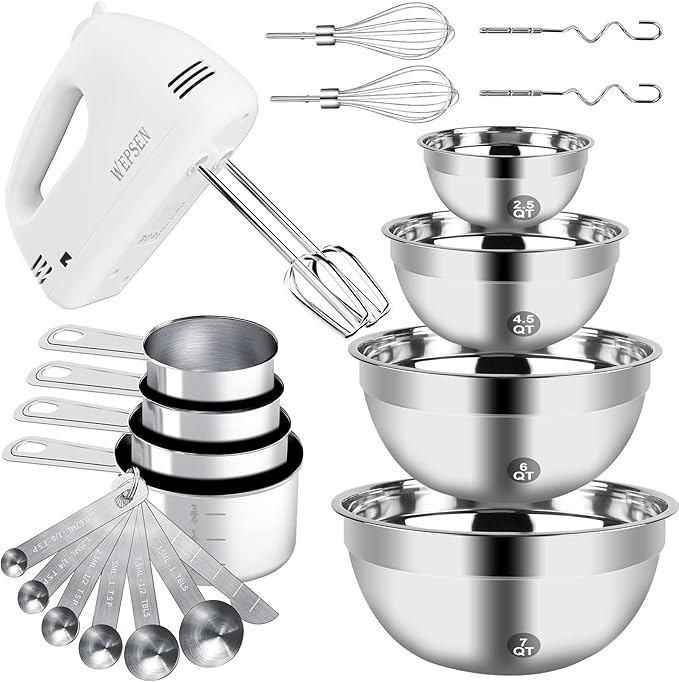 WEPSEN Hand Mixer Electric Mixing Bowls Set, 5 Speeds Handheld Mixer with 4 Nesting Stainless Steel Mixing Bowl, Measuring Cups Spoons 200W Kitchen Blender Whisk Beater Baking Supplies For Beginner