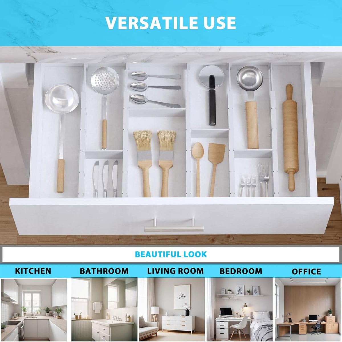 6 Pack Bamboo Drawer Dividers with 12 Inserts, Expandable Adjustable Clothes Drawer Organizers and Storage from 17" to 22" for Kitchen, Bedroom, Dresser, Cosmetics (White)