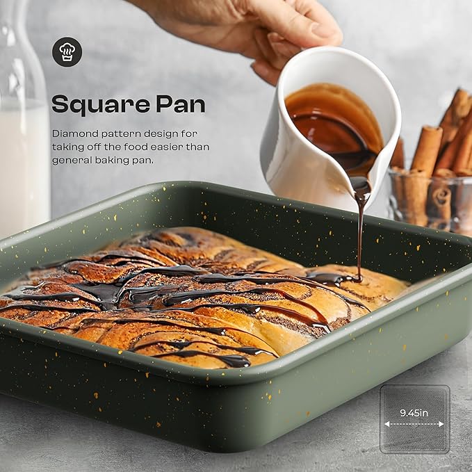 12-Piece Nonstick Baking Set, Non-Toxic Bakeware Sets with Baking Sheet, Cake Pan, Square Pan, Loaf Pan, Roasting Pan, Muffin Pan, Cookie Sheet, Cooling Rack & Kitchen Utensilss - Ceramic Coated Green