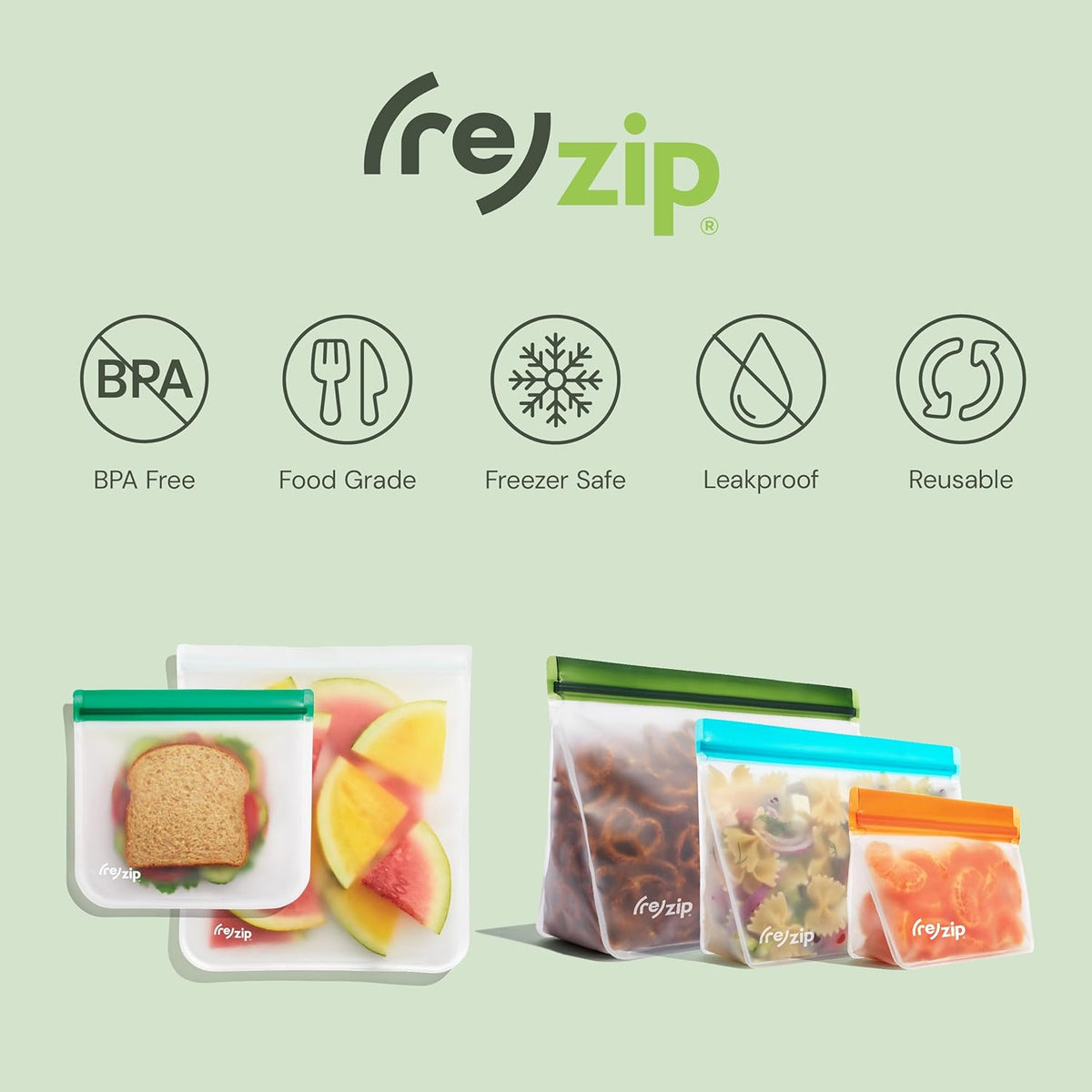 (re) zip 5-pack Reusable Sandwich Lunch Food Storage Bags | BPA-Free, Food Grade, Leakproof, Freezer Safe, Dishwasher Safe, Travel Friendly | Multicolor for Easy Organization