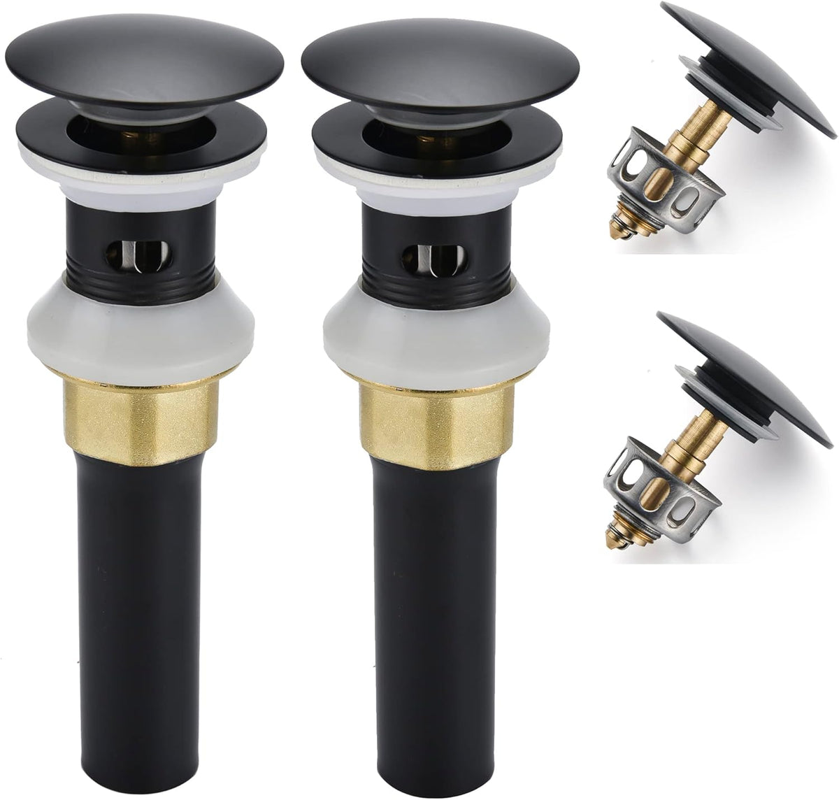 Bathroom Sink Drain,2 Pack Drain Stopper Bathroom Sink with Overflow,Pop Up Drain Assembly with Detachable Strainer Basket,Built-in Anti-Clogging Strainer,Stainless Steel Mattle Black