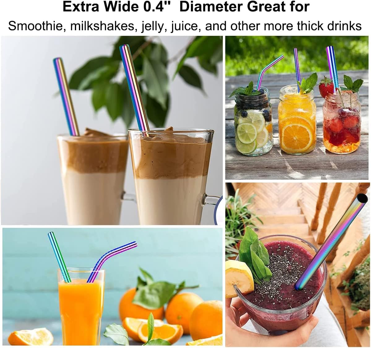 Vinaco Reusable Smoothie Straws, 0.4'' Wide Stainless Steel, 10.5'' & 8.5'' Long, 4 Pack with 1 Cleaner for Milkshake, Smoothie, Bubble Tea
