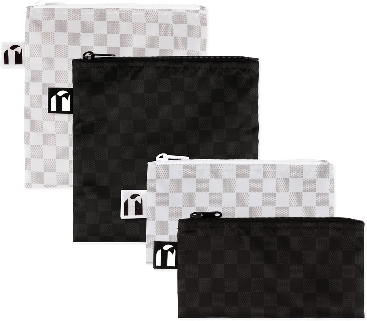 Roamio Reusable Sandwich and Snack Bags, for Kids School Lunch and for Adults Portion, Washable Fabric, Waterproof Cloth Zip Bag, Travel Pouch, Food-Safe Storage,4-pack Set Black Check and Off White