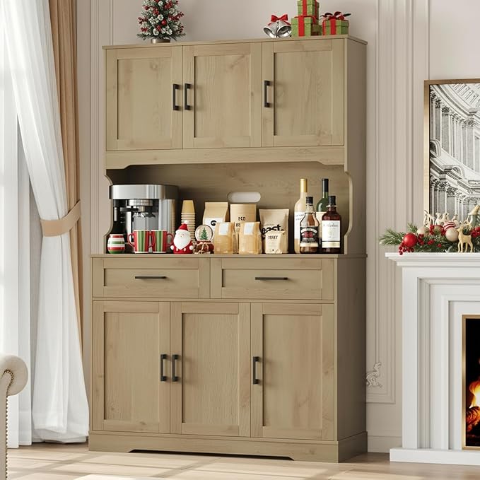 FACBOTALL Tall Kitchen Pantry Cabinet, Farmhouse Food Pantry Cabinet with Doors and Adjustable Shelves, Kitchen Hutch with Countertop and Microwave Stand for Dining Room, Living Room, Oak Color