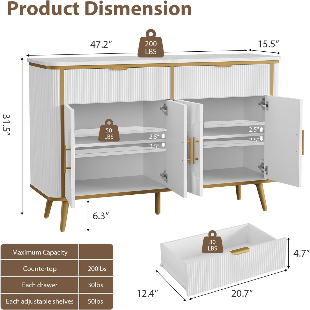 47.2" Buffet Storage Cabinet, Modern Fluted Coffee Bar Station with 2 Drawers & Adjustable Shelves, Kitchen Sideboard Buffet for Dining Room, Living Room, Hallway, White