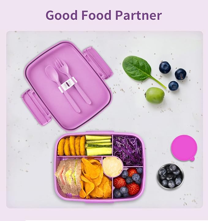 Bento Lunch Box with Kids/Adults, 5 Compartments Leakproof Lunch Container with Dressing Cup, Eco-Friendly Double Insulated Boxes, Dishwasher and Microwave Safe, BPA-Free (purple)