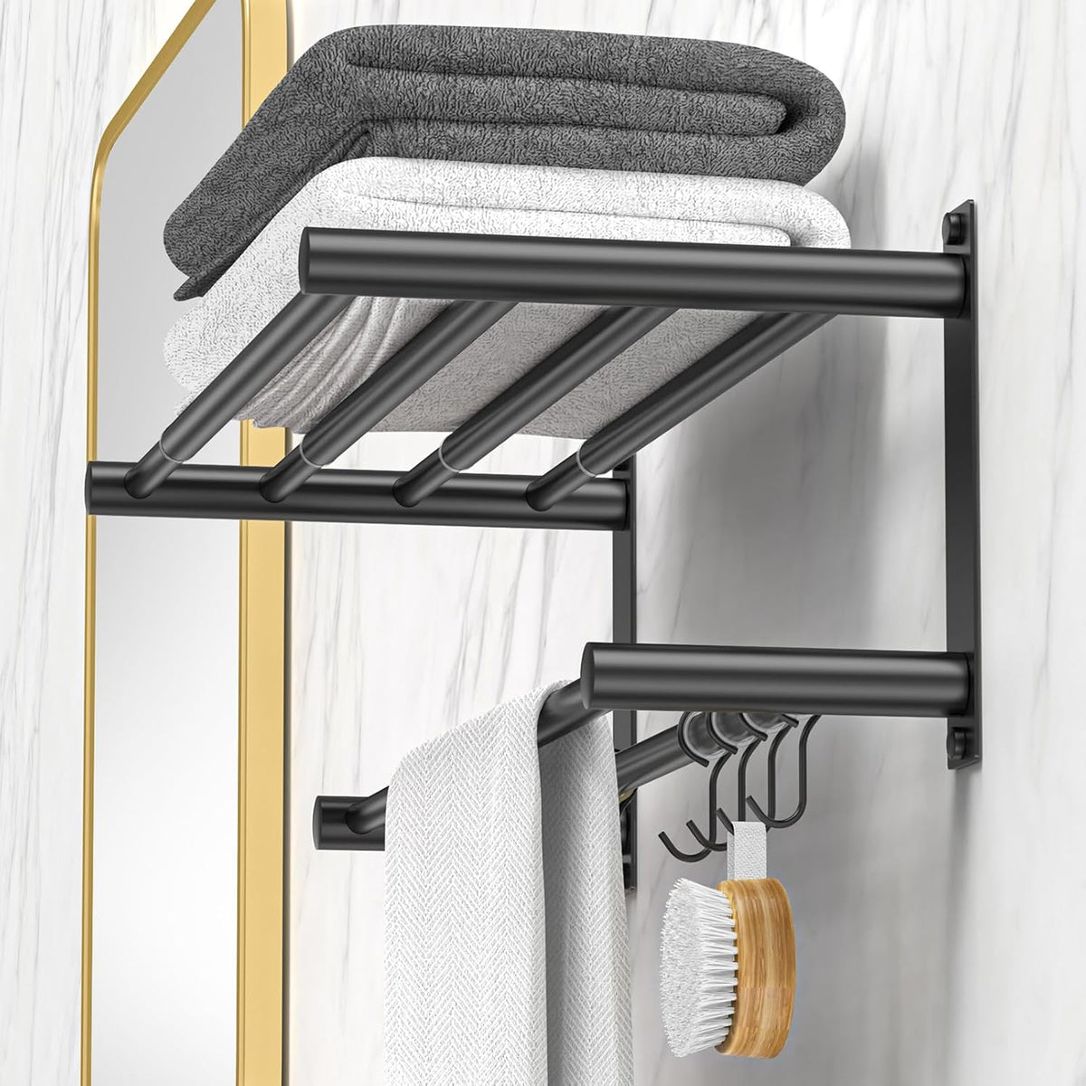 Adjustable Towel Bar for Bathroom Wall Mount17-30.7inch Adhesive Shower Towel Rack Stainless Steel Bath Towel Holders for Toilet Kitchen Double Towel Hanger (Black Mobile Hook Towel Rack)