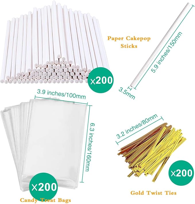 600PCS Cake Pop Sticks and Wrappers for Valentine's Day, Including 200pcs 6-inch Paper Lollipop Sticks, 200pcs Parcel Bags, 200pcs Gold Twist Ties for Lollipop, Candy, Chocolate, Marshmallows