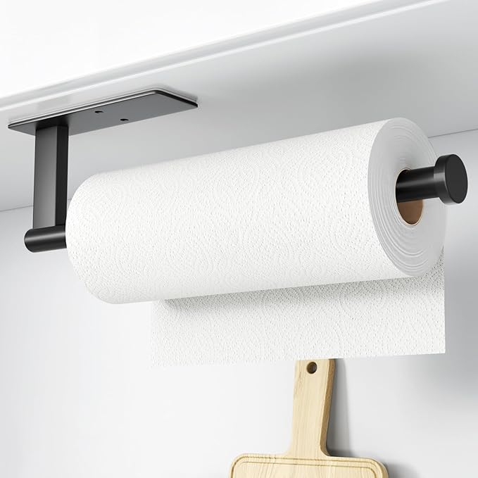 Paper Towel Holder Under Cabinet - Stainless Steel Paper Towel Holder Wall Mount, Self-Adhesive or Drilling, Matte Black Towel Rack for Kitchen Organization and Storage, Kitchen Paper Roll Holder