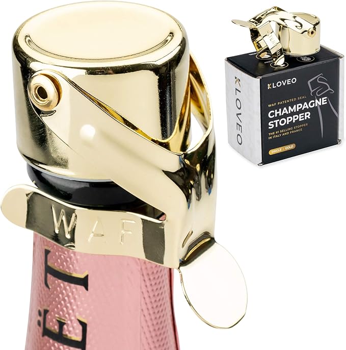 Champagne Stoppers by Kloveo - Patented Seal - Made in Italy - Professional Grade WAF Champagne Bottle Stopper - Prosecco, Cava, and Sparkling Wine Stopper - Gold