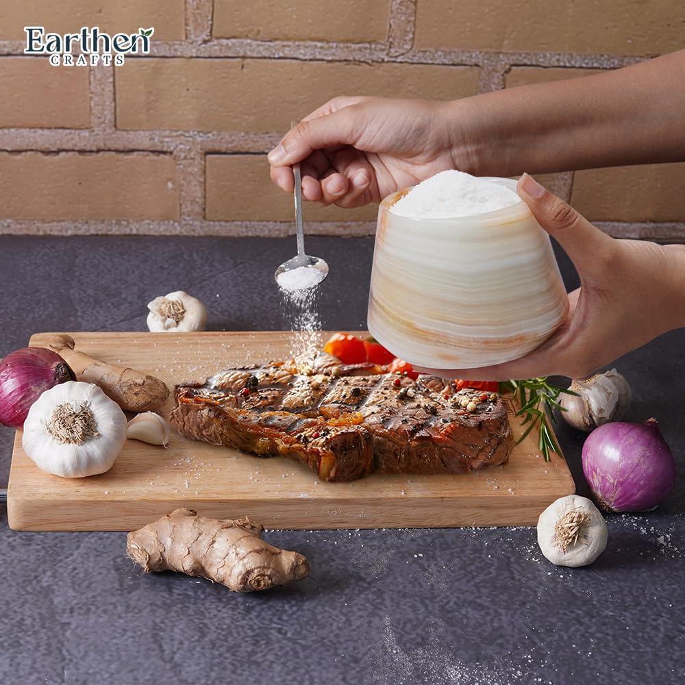Marble Salt Cellar With Lid & Spoon 4 Inch Stone Salt Container, Seasoning Spice Jar Holder & Jewelry Storage, Salt Box For Kitchen Counter (White Onyx)