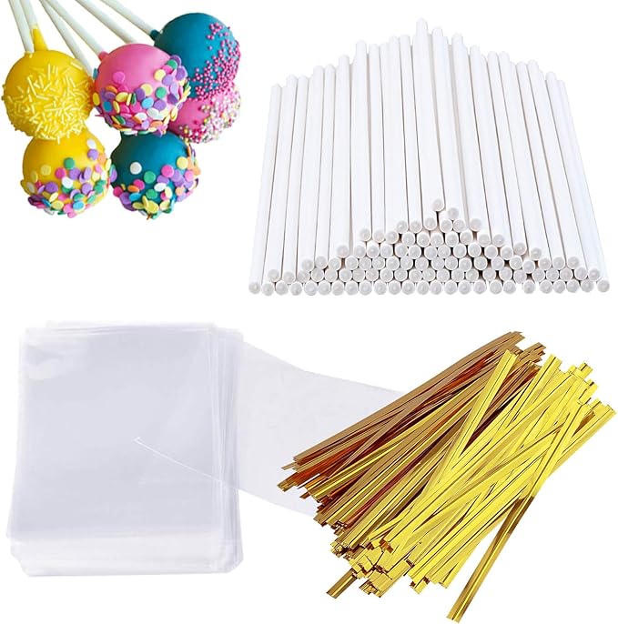 300 PCS Cake Pop Sticks and Wrappers Kit, Including 100ct 6-inch Paper Lollipop Sticks, 100ct Clear Candy Treat Bags Parcel, 100ct Gold Twist Ties for Cakepop, Lollipop, Hard Candy, Suckers, Chocolate