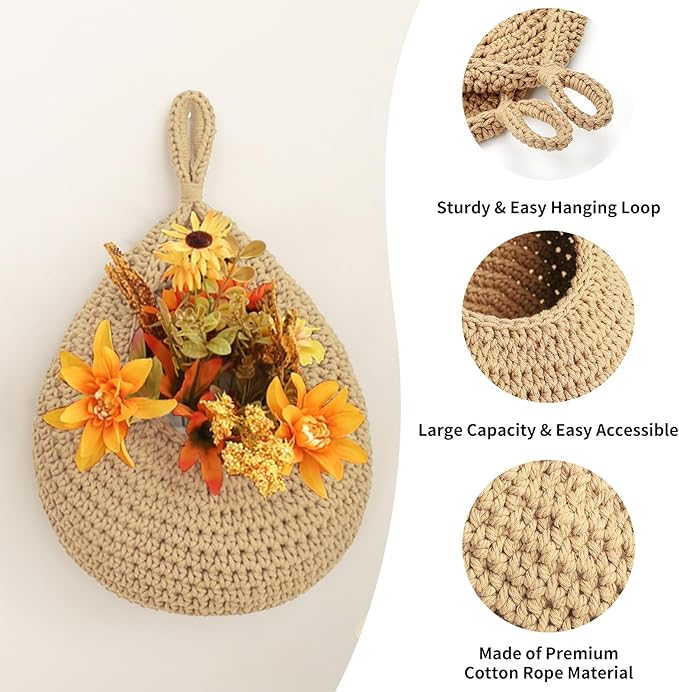 Boho Wall Hanging Fruit Baskets for Kitchen 3 Pack Woven Produce Holder with 6 Pcs Strong Hooks Vegetable Hanging Basket for Organizing Teardrop Home Wall Potato Onion Storage, Linen