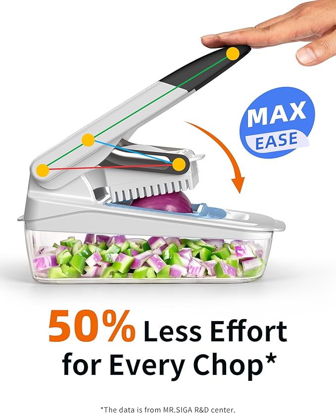 MR.SIGA Vegetable Chopper with Container, 2 in 1 Manual Hand Food Chopper with 2 Stainless Steel Chopping Blades for Potato Strips, Onion Cubers, Carrot Sticks, White & Black