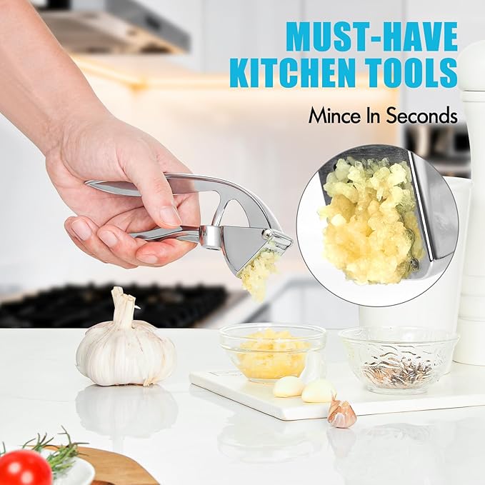 Garlic Press, Premium Kitchen Garlic Mincer Tool, Rust Proof & Dishwasher Safe, Heavy Duty Professional Metal Garlic Crusher with Ergonomic Handle, Easy to Squeeze and Clean -Silver