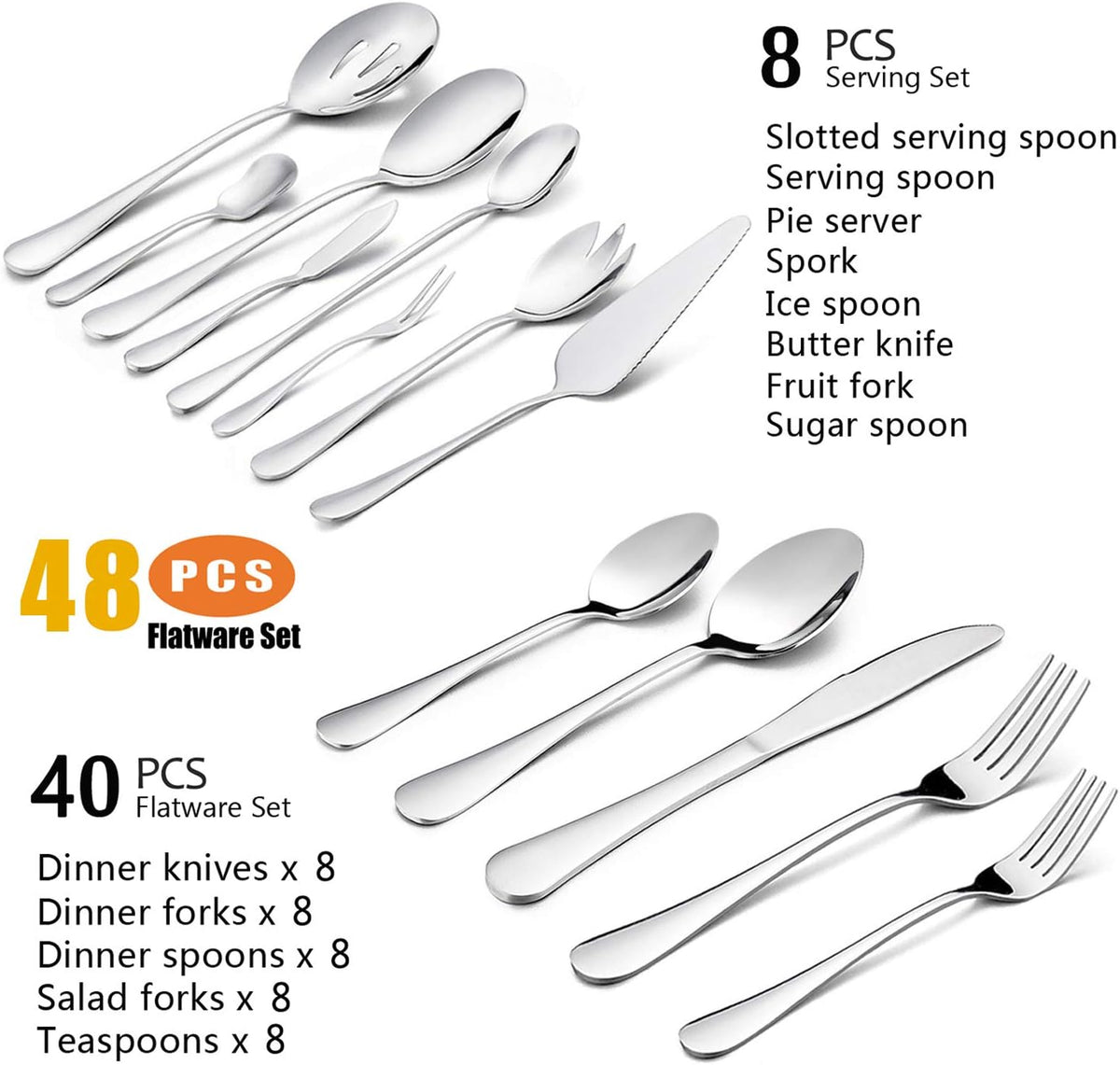 HaWare 48 Pieces Silverware Set with Serving Utensils, Stainless Steel Fancy Flatware Cutlery Set for 8, Traditional Elegant Style Tableware Eating Utensils, Mirror Polished & Dishwasher Safe