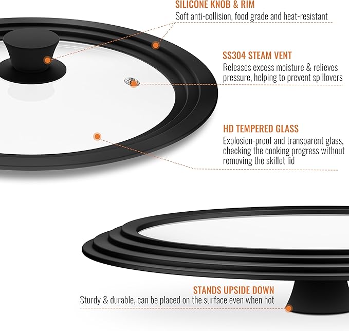 Universal Lids for Pots, Pans and Skillets, 10.5", 11" and 12" Pan Lid, Tempered Glass Pot Lid with Silicone Rim Heat Resistant, Replacement Pan Cover for Frying, Wok, Crock Pot Lid, Black