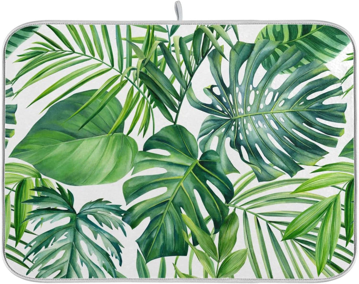 Tropical Palm Leaves Dish Drying Mat for Kitchen Counter Green Monstera Leaf Absorbent Microfiber Drying Pad, Large 18x24 in, Reversible Drainer Mats