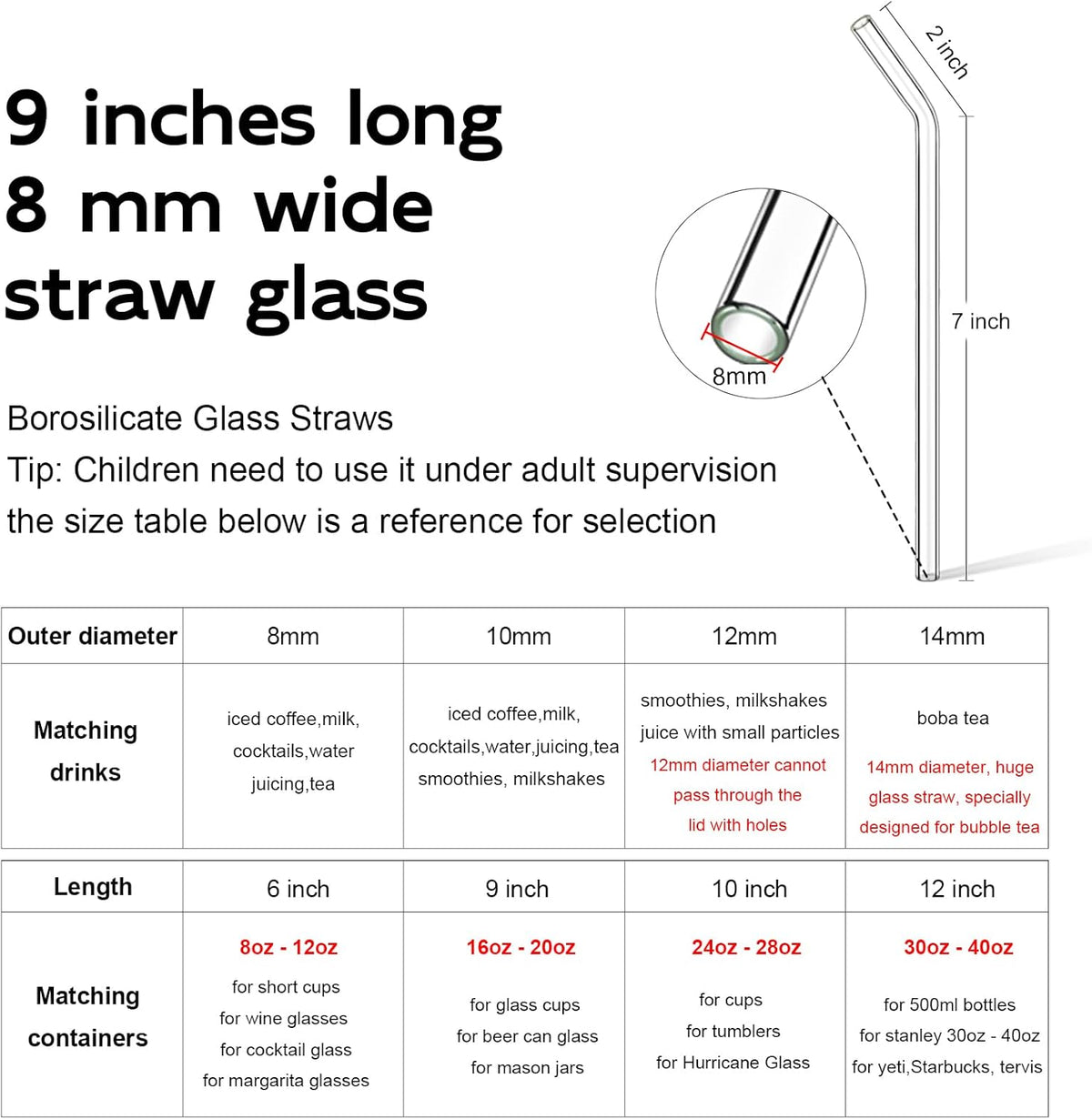 Borosilicate Glass Straws for 16 oz Tumbler, 9 inch 8mm BPA Free, Reusable Drinking Straws Clear Bent Skinny for Iced Coffee and Hot Drinks
