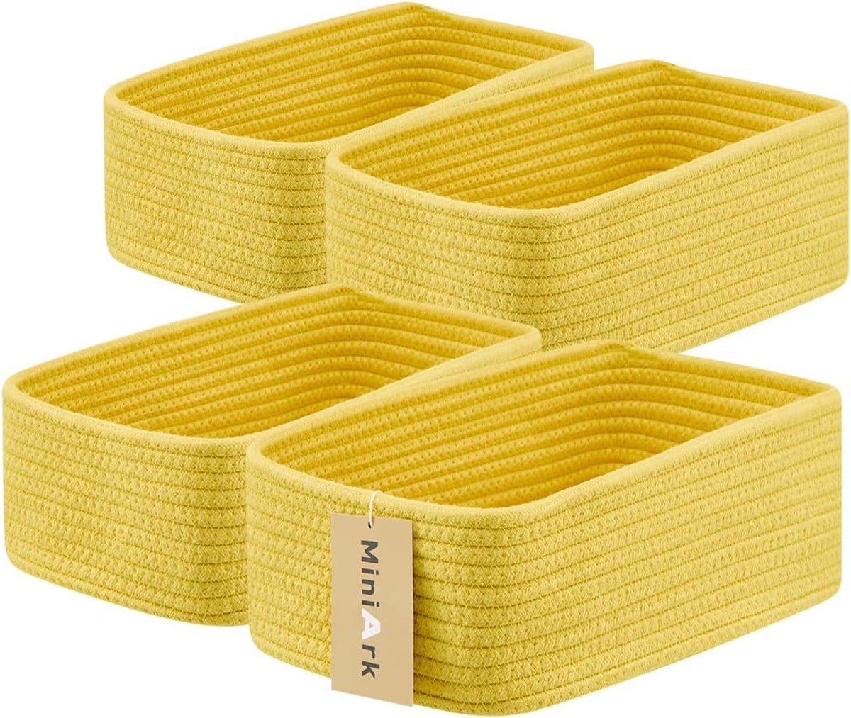 Small Storage Baskets for Organizing | Closet Organizer Bins | Shelf Toy Basket | Woven Rope Baskets | Cube Decorative Box | Shallow Basket | 11.5x7.5x4.7” | 4 Packs Yellow