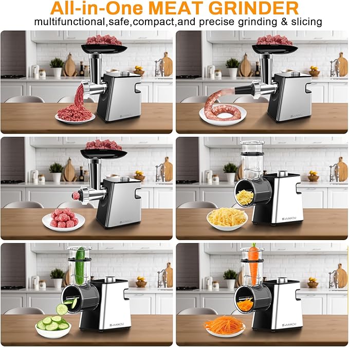 Electric Meat Grinder, Cheese Grater, 2800W Max Stainless Steel Veggie Shredder, Vegetable Cutter with 5 Slice Blades, 3 Grinding Plates, Sausage Stuffer & Kubbe Kit, for Home Kitchen Use